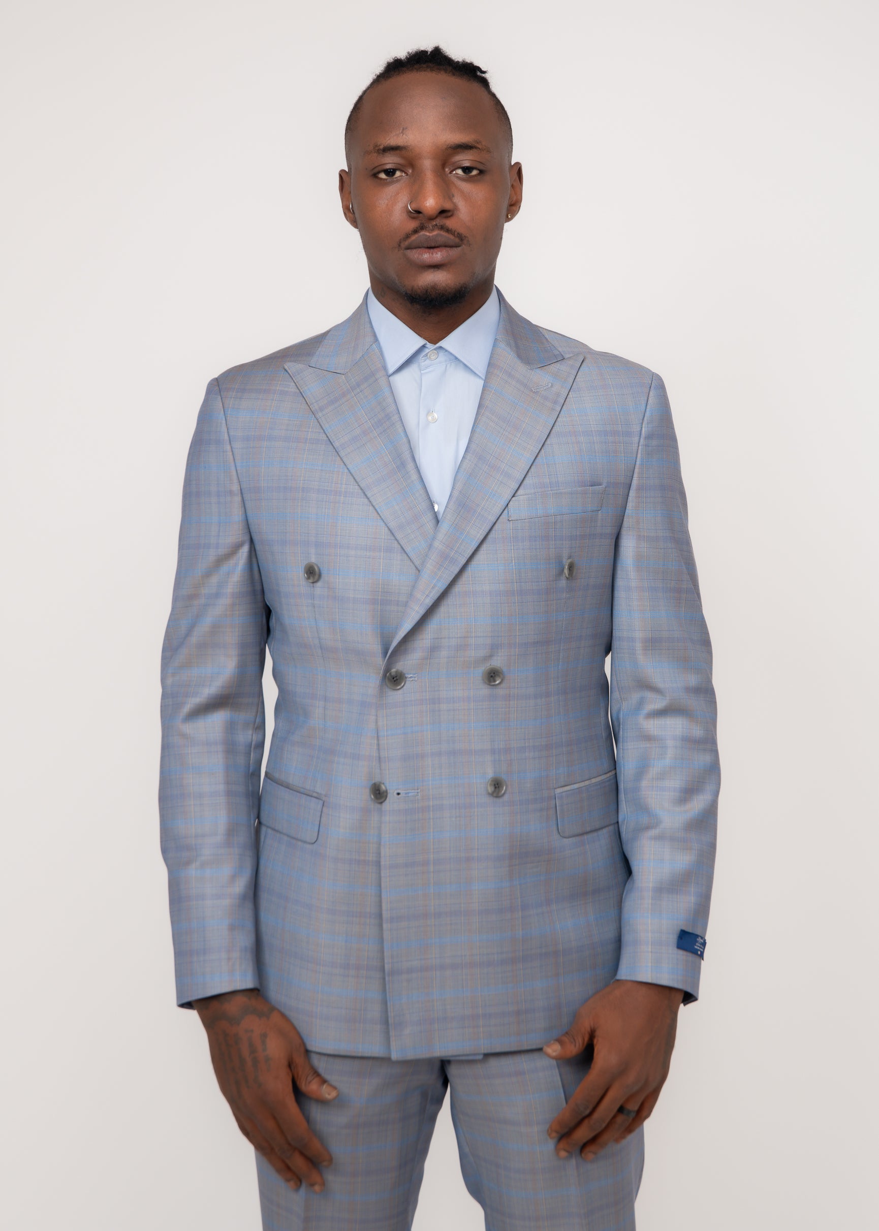 Blue check double breasted suit best sale